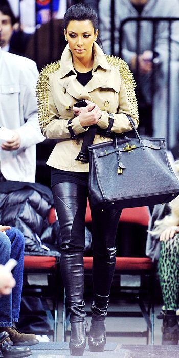 김 Kardashian 2011 Looks - studded Burberry jacket, leather leggings, and Pierre Hardy booties