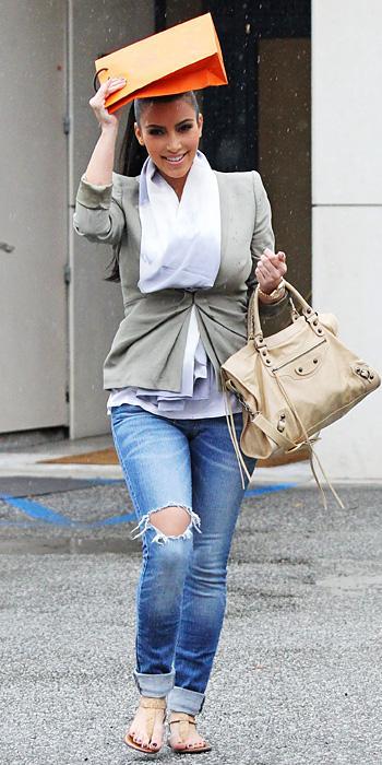 김 Kardashian 2011 Looks - fitted blazer, silk scarf, cropped jeans, and sandals