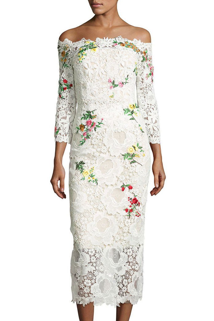 모니크 Lhuillier Floral Lace Off-the-Shoulder Midi Dress 