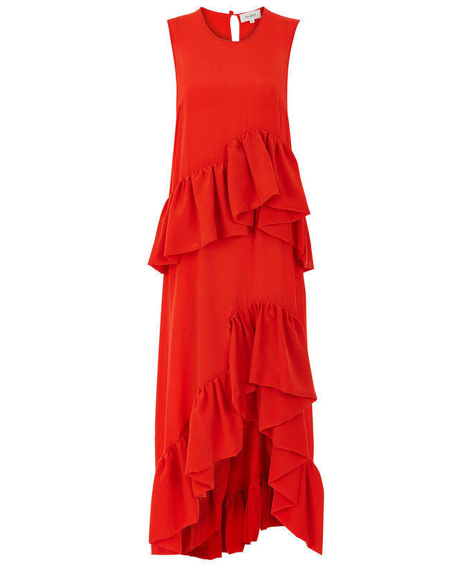 イザ Arfen Tomato Red Silk Ruffle Dress