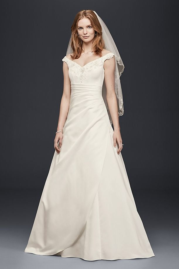 デビッド'S BRIDAL COLLECTION Off-the-Shoulder A-Line Satin Wedding Dress 