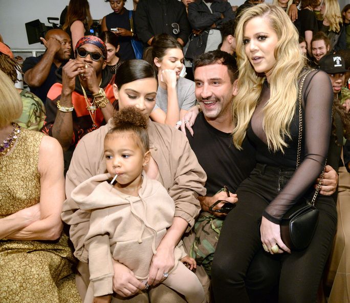 김 Kardashian, North West, Ricardo Tisci, and Khloe Kardashian at Yeezy 2 front row