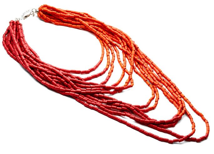 빨간 and Orange Wood Bead Necklace