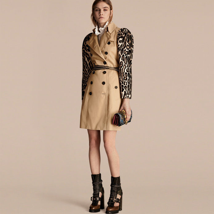 כותנה Gabardine Trench Coat with Leopard-print Sleeves