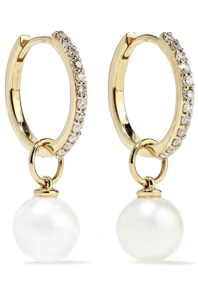 14カラット gold, diamond and pearl hoop earrings