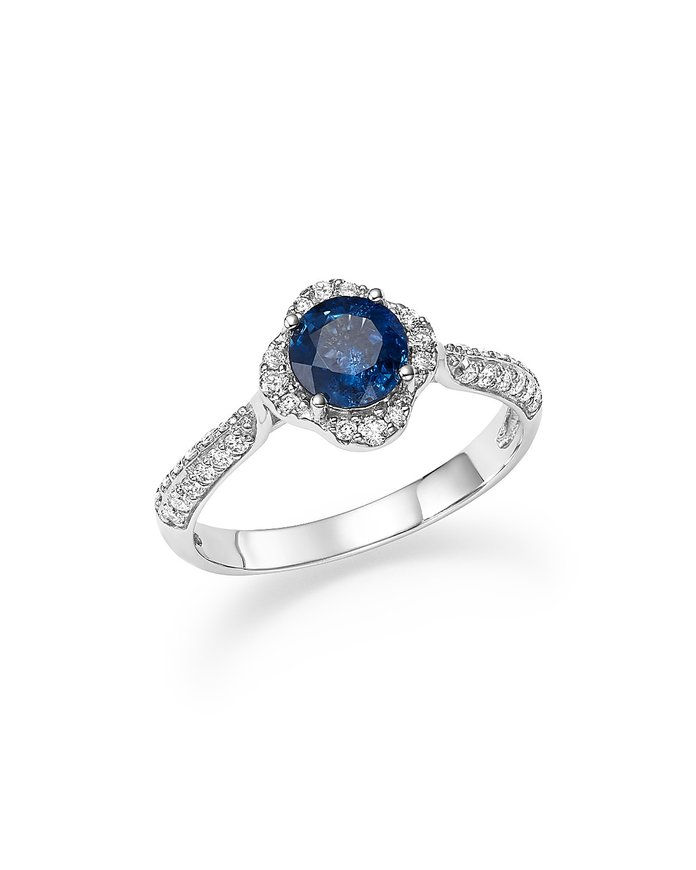블루밍 데일's Sapphire with Diamond Halo Ring in 14K White Gold