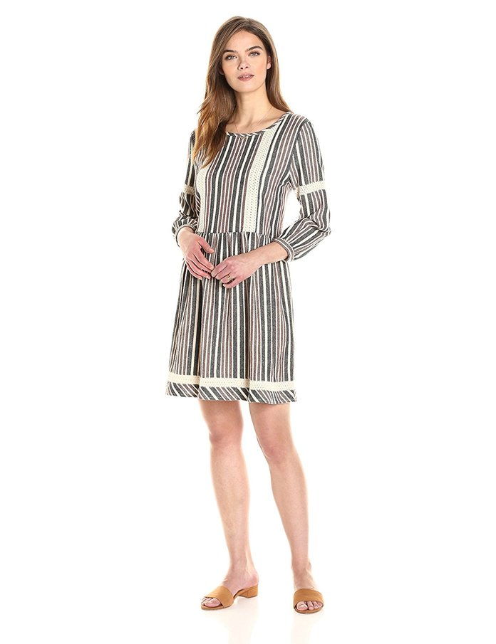 אבי 3/4 Sleeve Striped Jacquard Dropwaist Dress