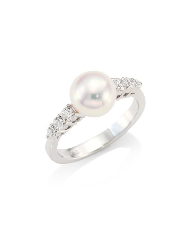 미키모토 Morning Dew 8mm Cultured Pearl, Diamond & 18K White Gold Ring
